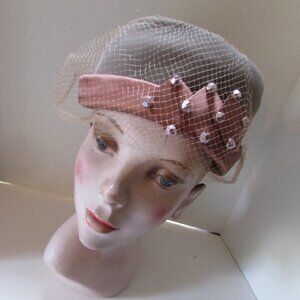 SALE Vintage Mid Century Hat Pewter Velour Copper Ribbon Band